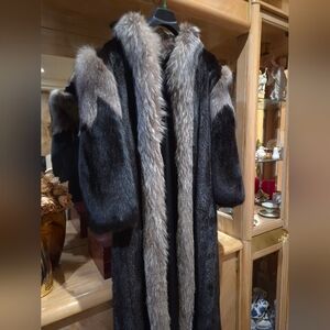 Saga Black Mink With Silver Fox Trim Full Length Coat Plus Size
